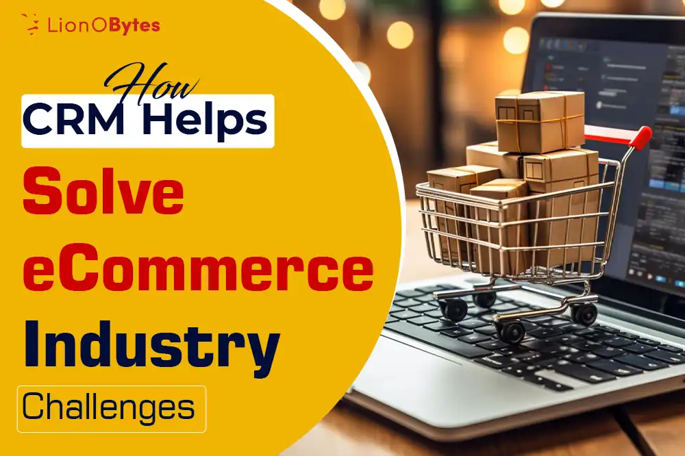 A shopping cart filled with packages on a laptop representing CRM dashboard with eCommerce industry challenges.